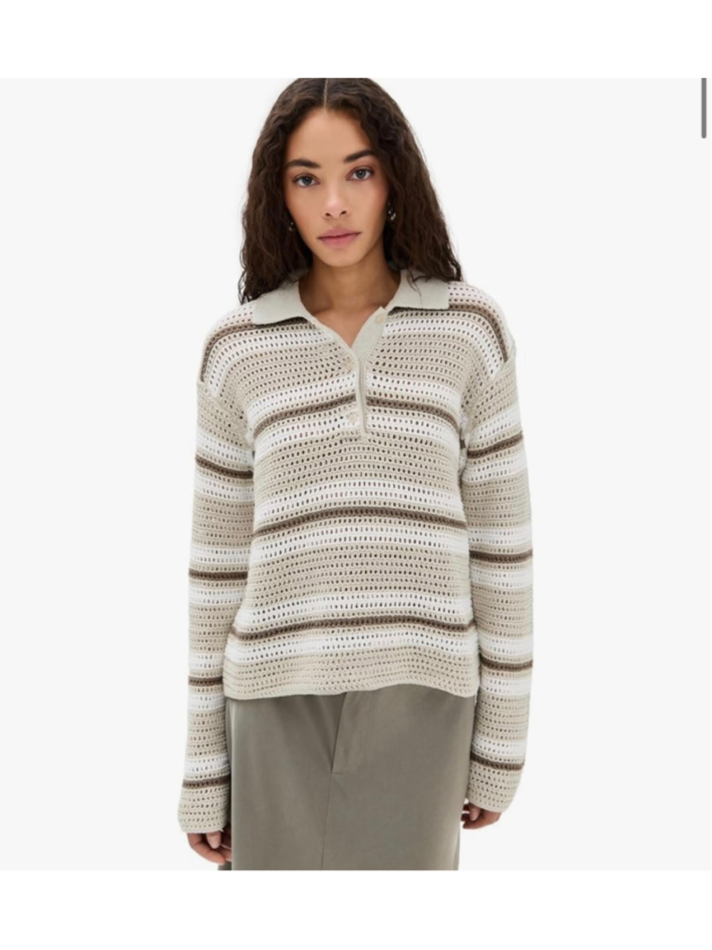 Vince Women’s Crochet Polo Sweater XS Beige White Striped Button Collared